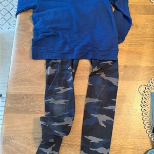 Athleta Girl Kids Camouflage Chit Chat Leggings and blue crewneck sweatshirt